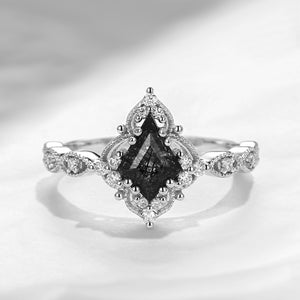 Vintage Inspired Milgrain Kite Cut Black Rutilated Quartz Engagement Ring