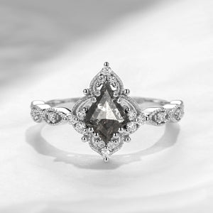 Vintage Inspired Milgrain Kite Cut Salt And Pepper Diamond Engagement Ring