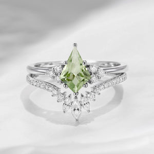 Kite Cut Green Amethyst Engagement Ring Set 2pcs - Electra