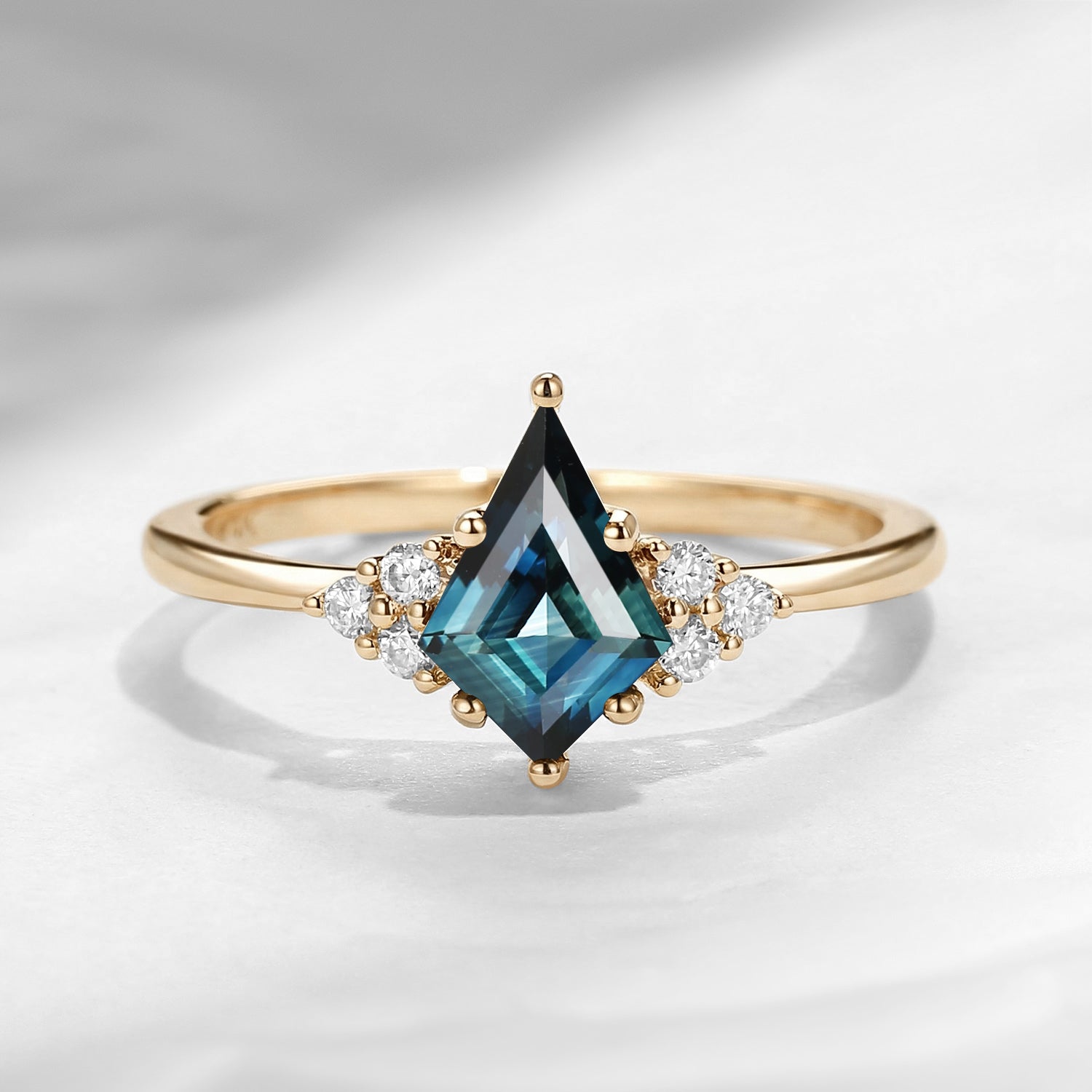 Art Deco Kite Cut Natural Teal Sapphire Cluster Engagement Ring