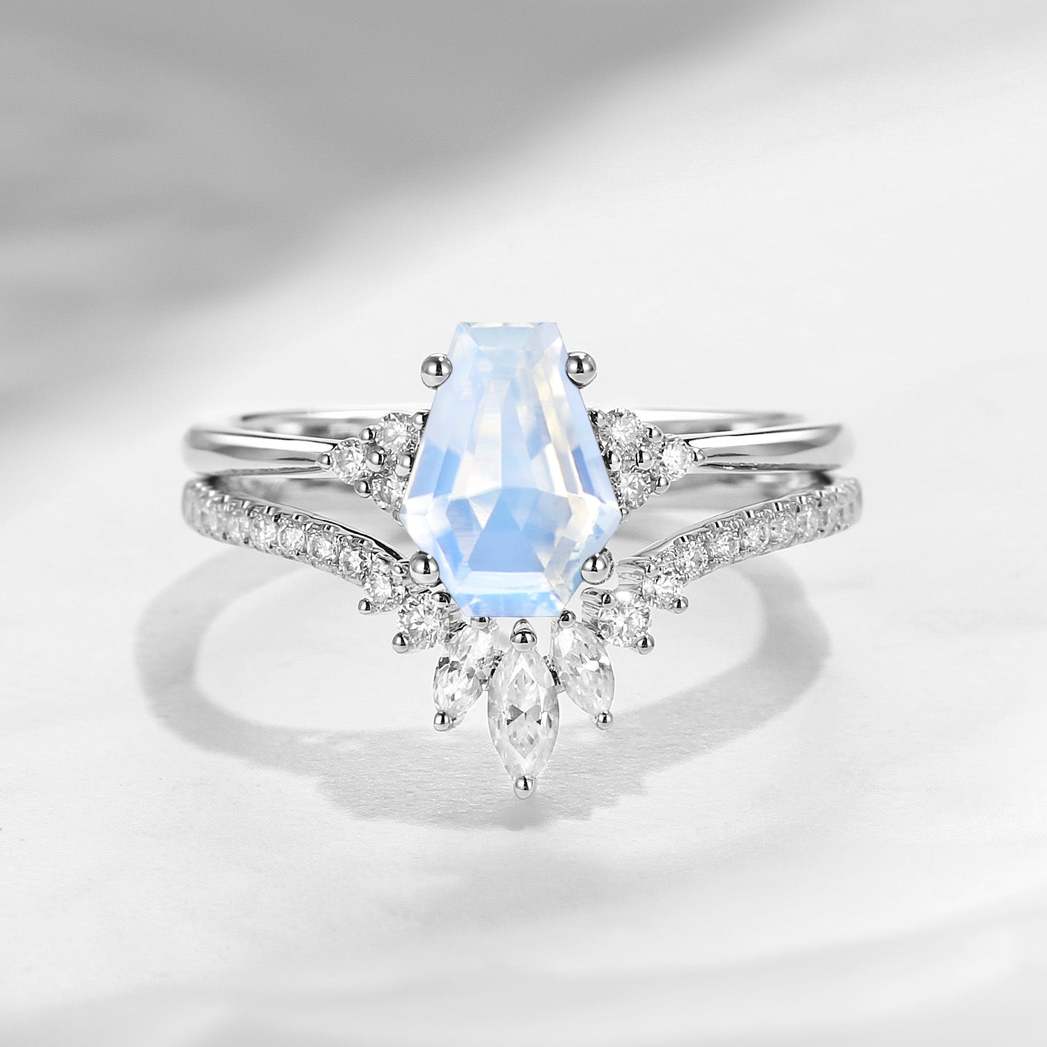 Coffin Cut Moonstone Cluster Engagement Set 2pcs - White Dress