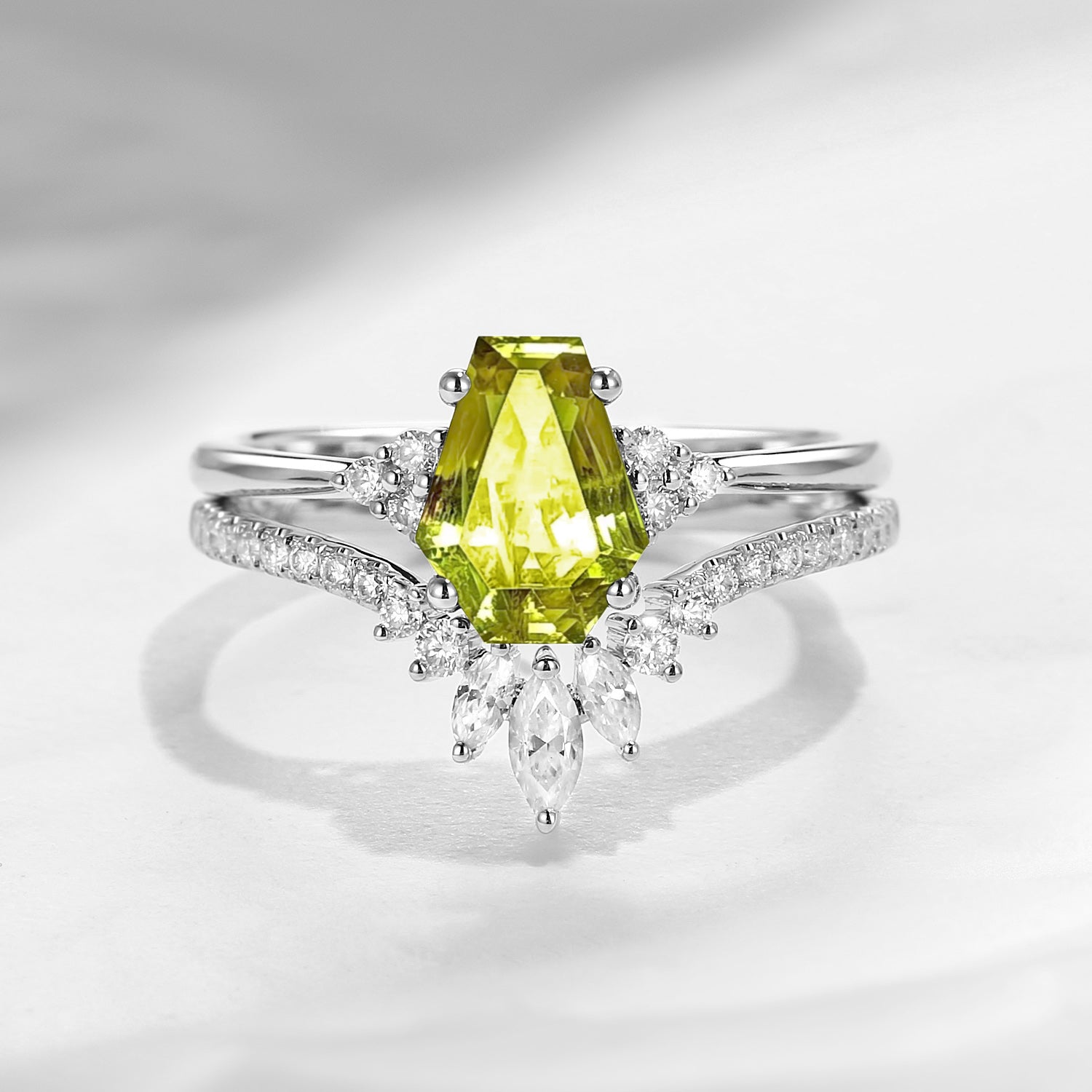 Coffin Cut Yellow Sapphire Cluster Engagement Set 2pcs - White Dress