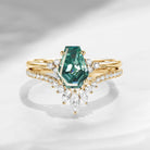 Coffin Cut Teal Moissanite Cluster Engagement Set 2pcs - White Dress