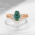 Coffin Cut Green Moissanite Cluster Engagement Set 2pcs - White Dress