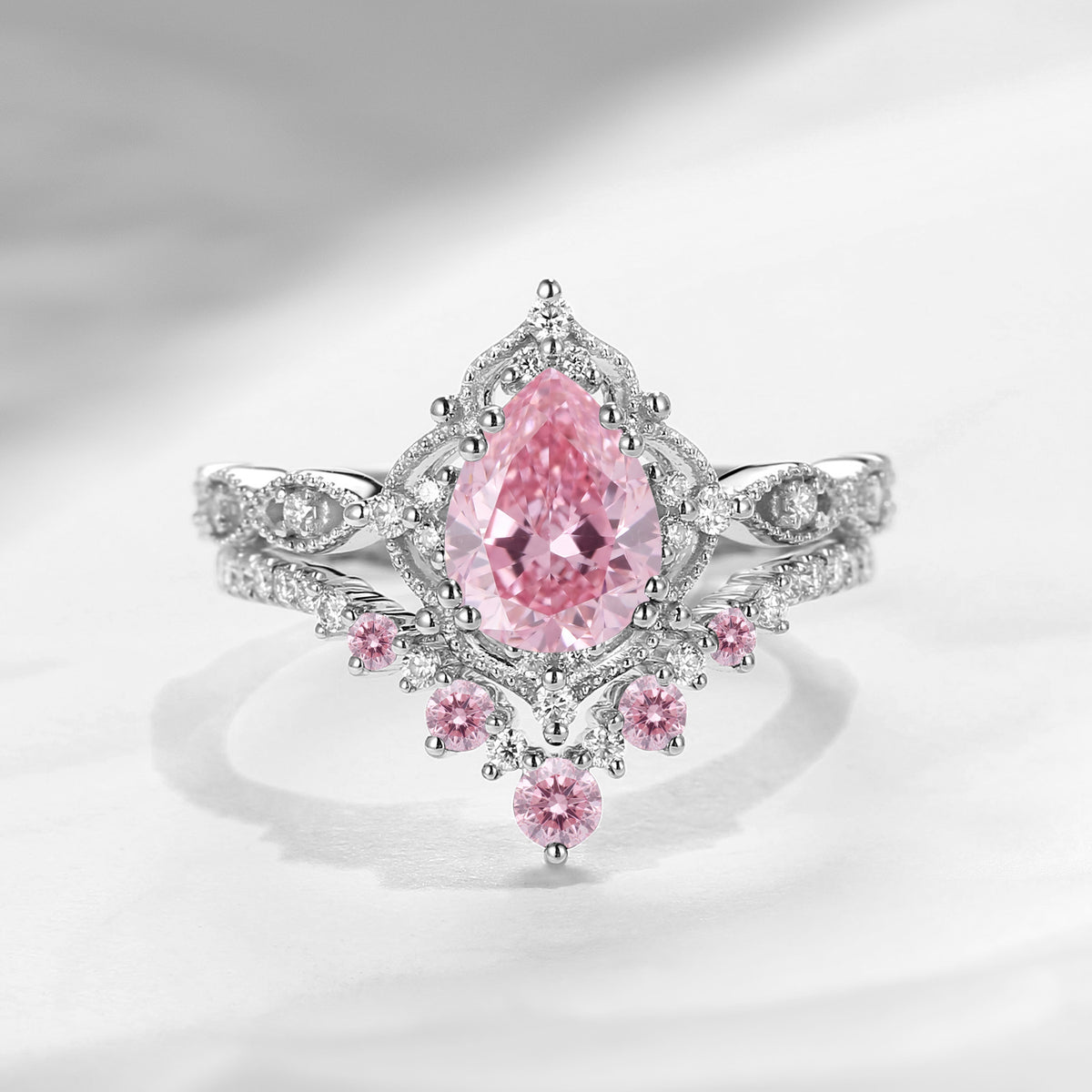 'Elara' - Antique IGI Certified Pear Cut Lab Pink Diamond Engagement Ring Set