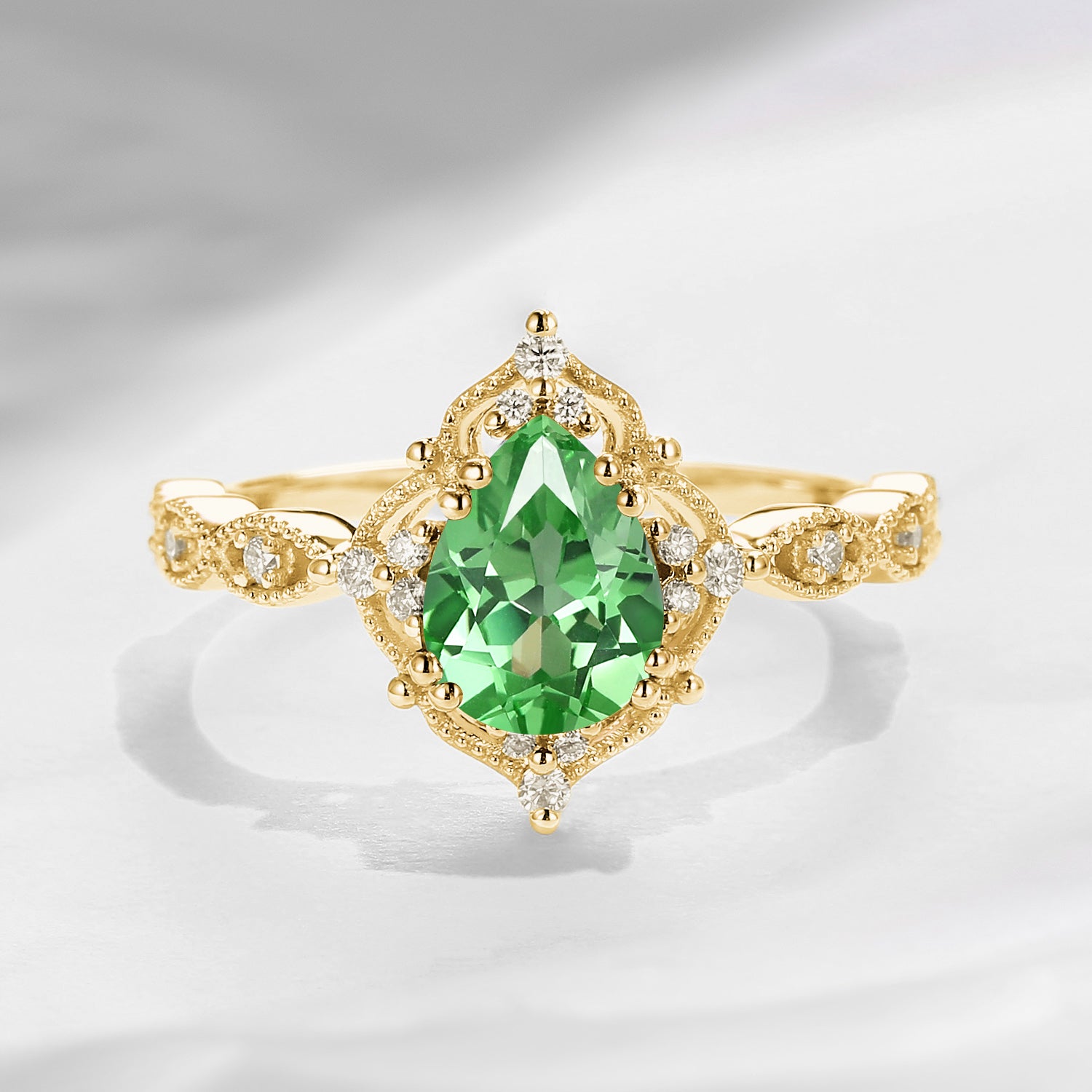 Vintage Pear Cut Lab Tsavorite Classic Milgrain Engagement Ring