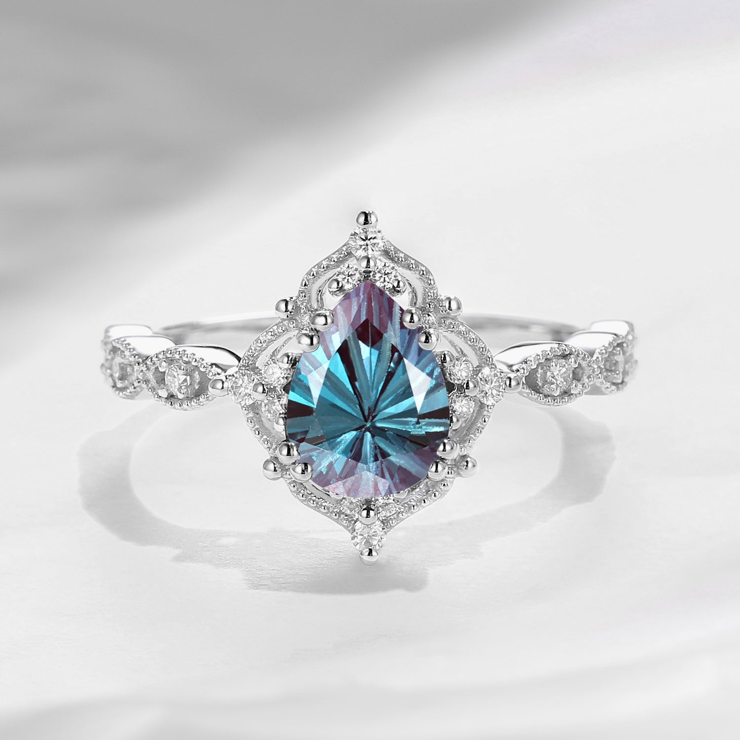 Vintage Inspired Firework Cut Pear Lab Alexandrite Engagement Ring