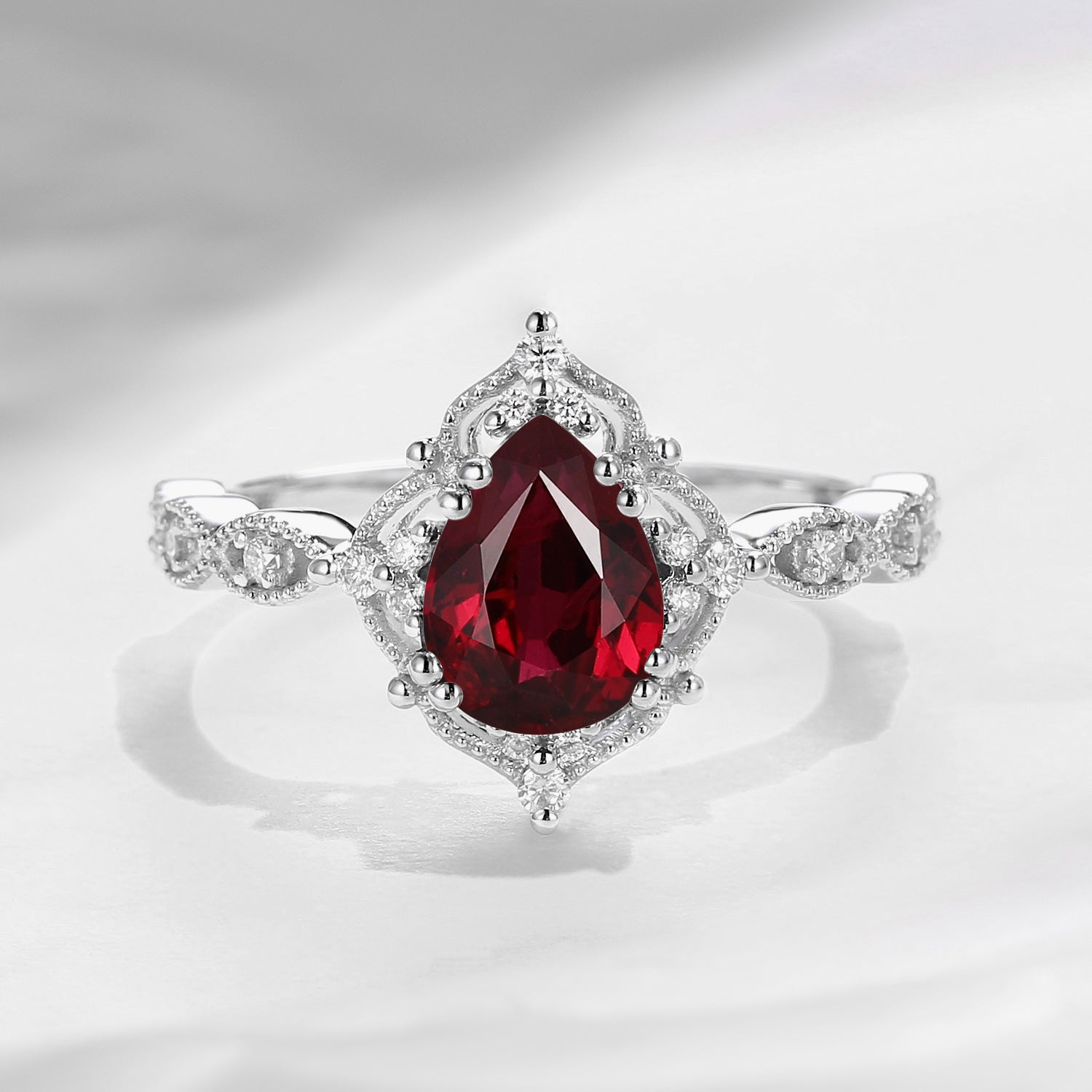 Vintage Inspired Pear Cut Natural Ruby Engagement Ring