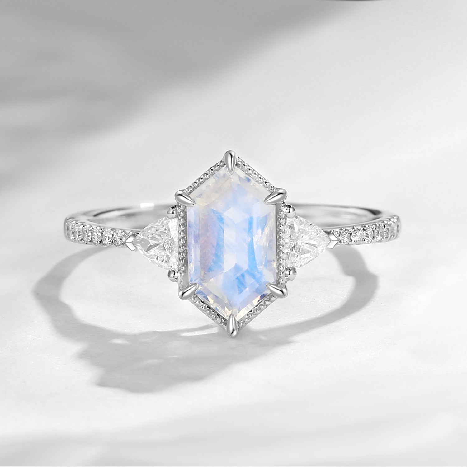 Classic Long Hexagon Moonstone Engagement Ring