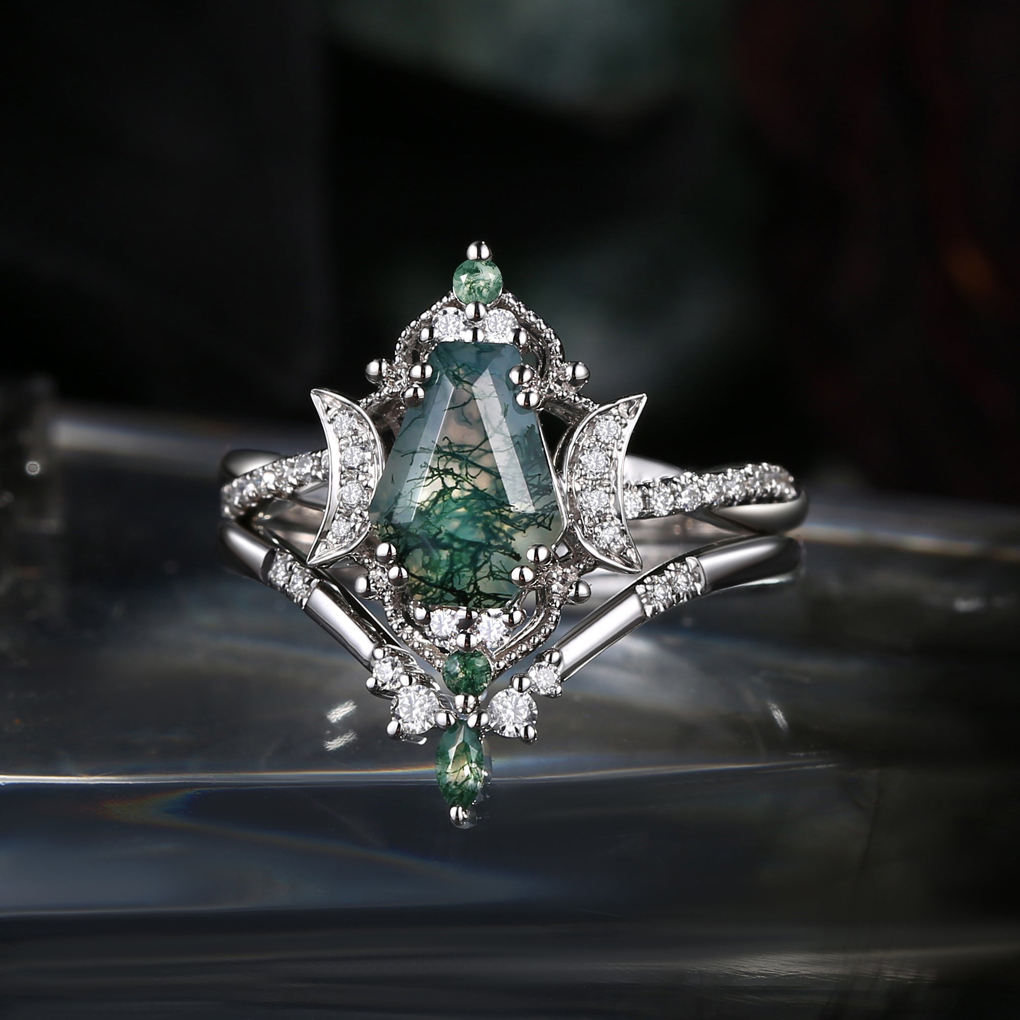 Crescent Moon | Infinity Coffin Moss Agate Twisted Engagement Ring Set 2pcs - Alexandria
