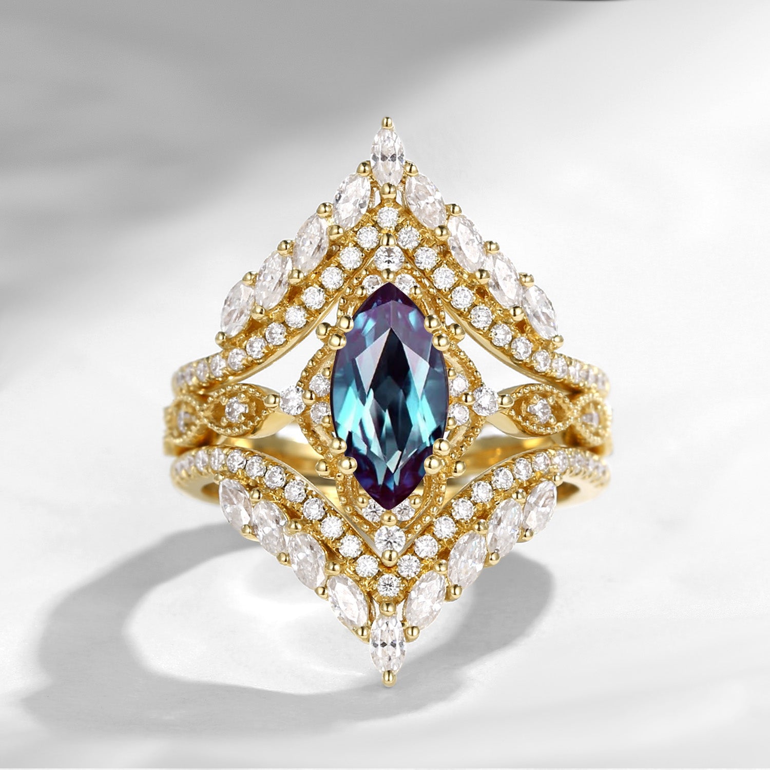 Vintage Style Marquise Lab Alexandrite Cage Ring 2pcs