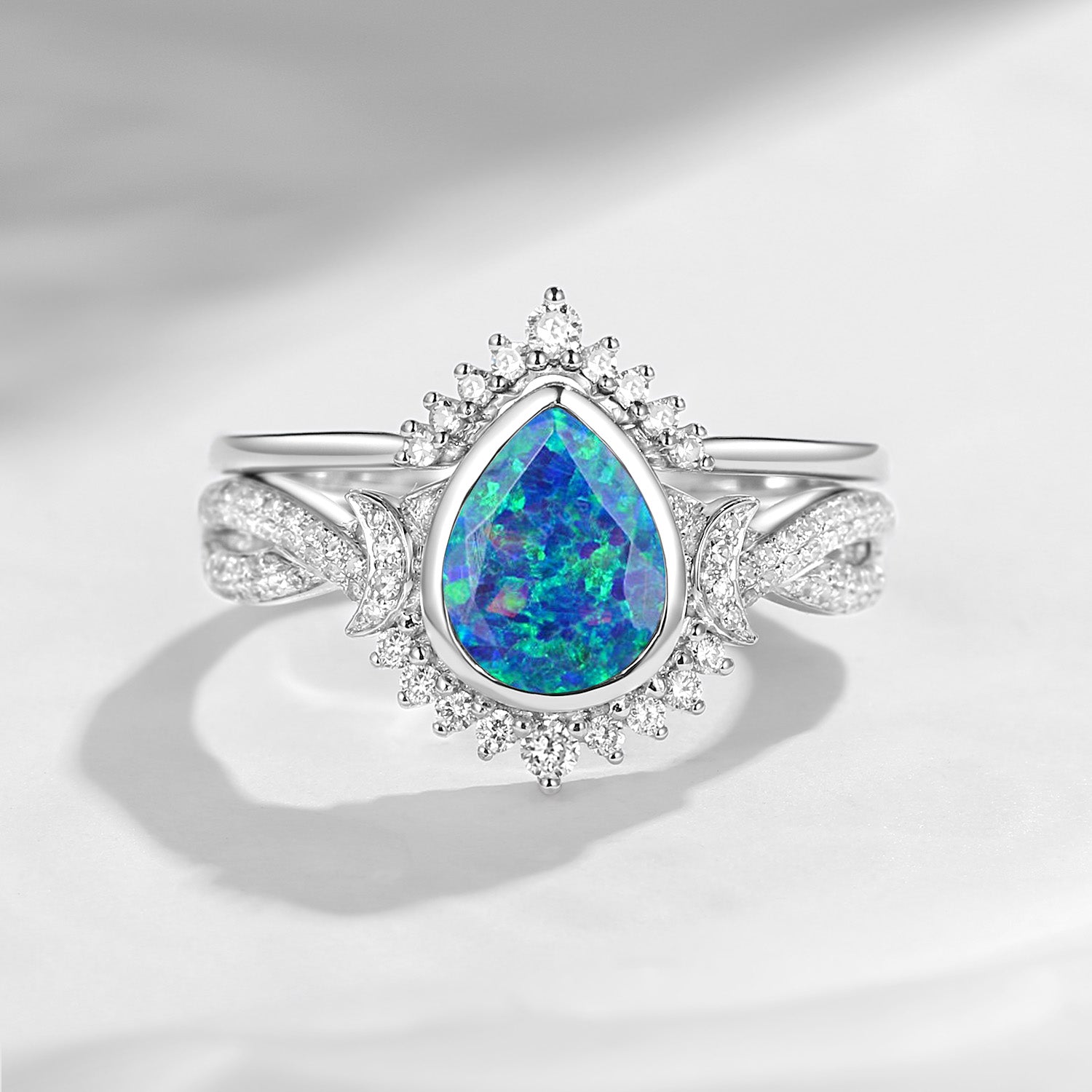 Crescent moon |Unique Infinity Opal Engagement Ring Set 2PCS