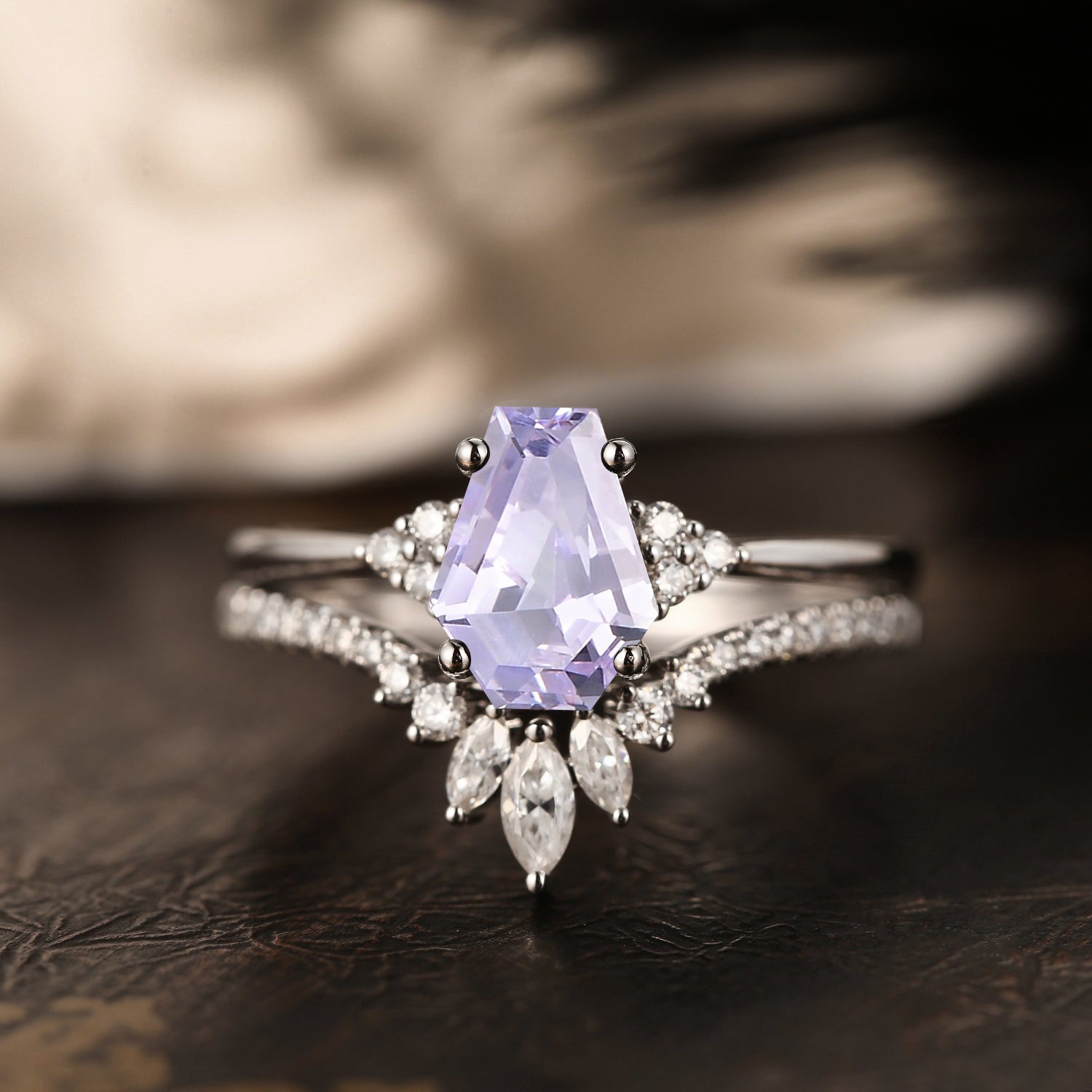 Coffin Cut Lab Lavender Sapphire Alternative Engagement Ring 2pcs - White Dress