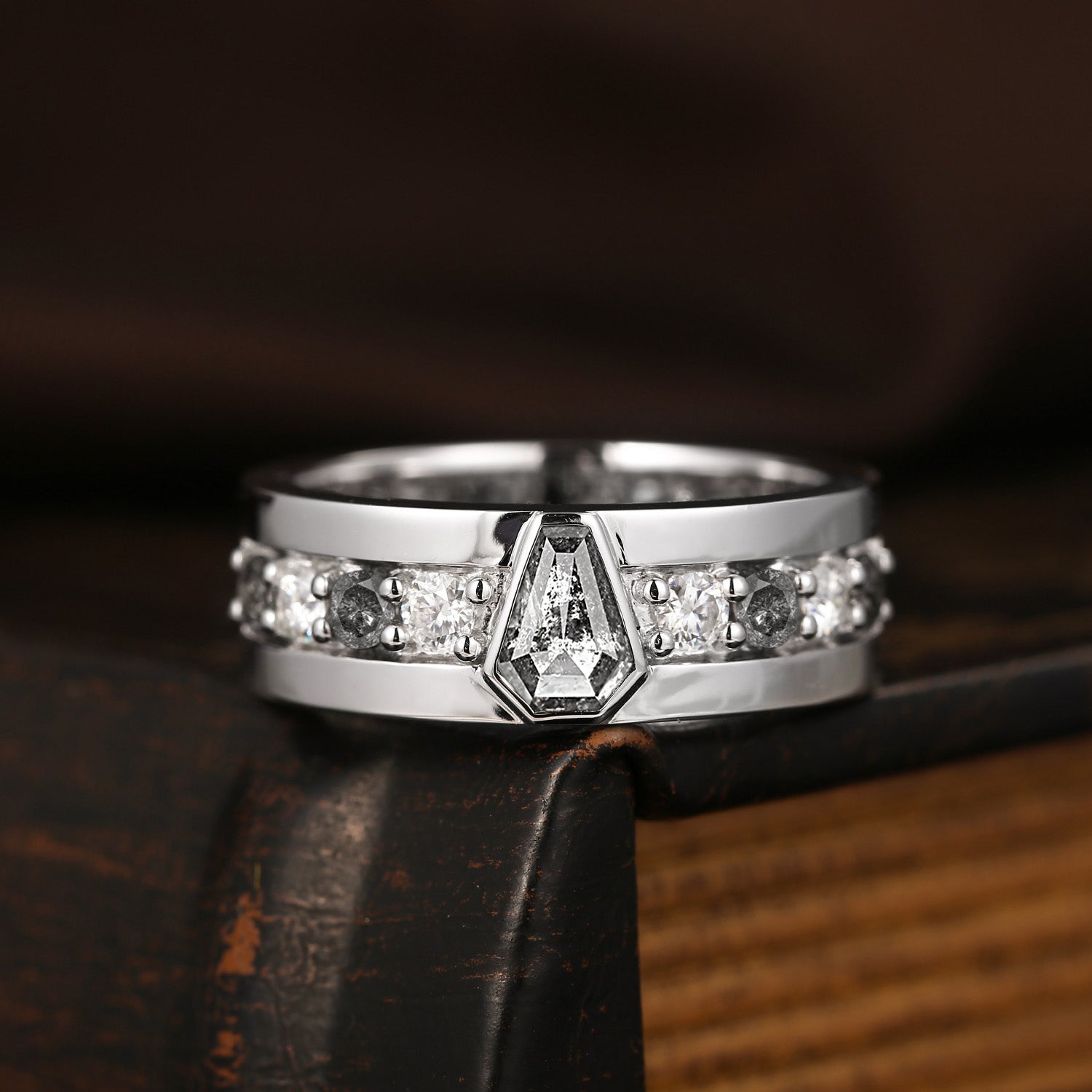 Unique Coffin Cut Salt & Pepper Diamond Wedding Band For Men - King's Scepter