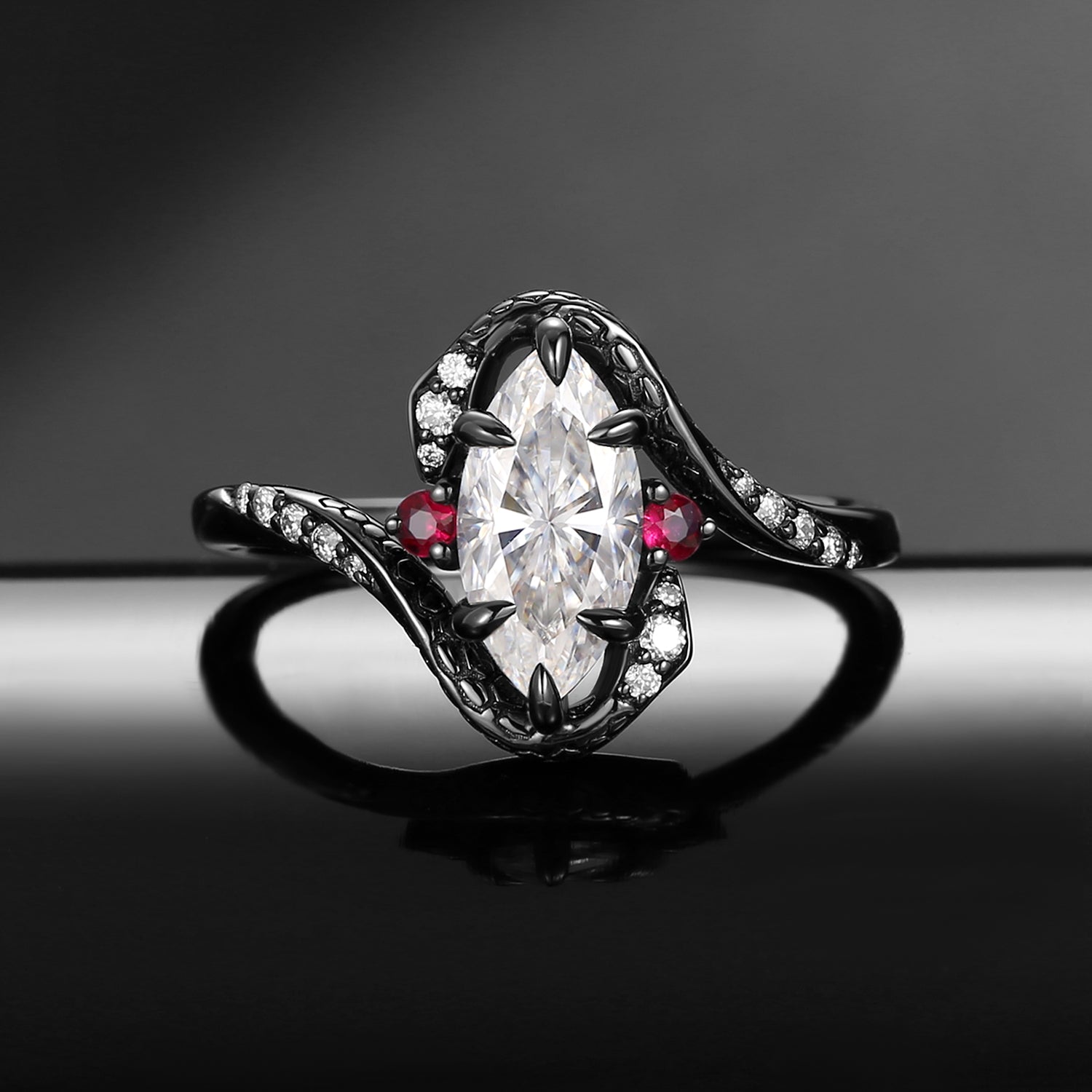 Unique Twist Marquise Cut Moissanite Black Gold Engagement Ring - Serpent's Embrace