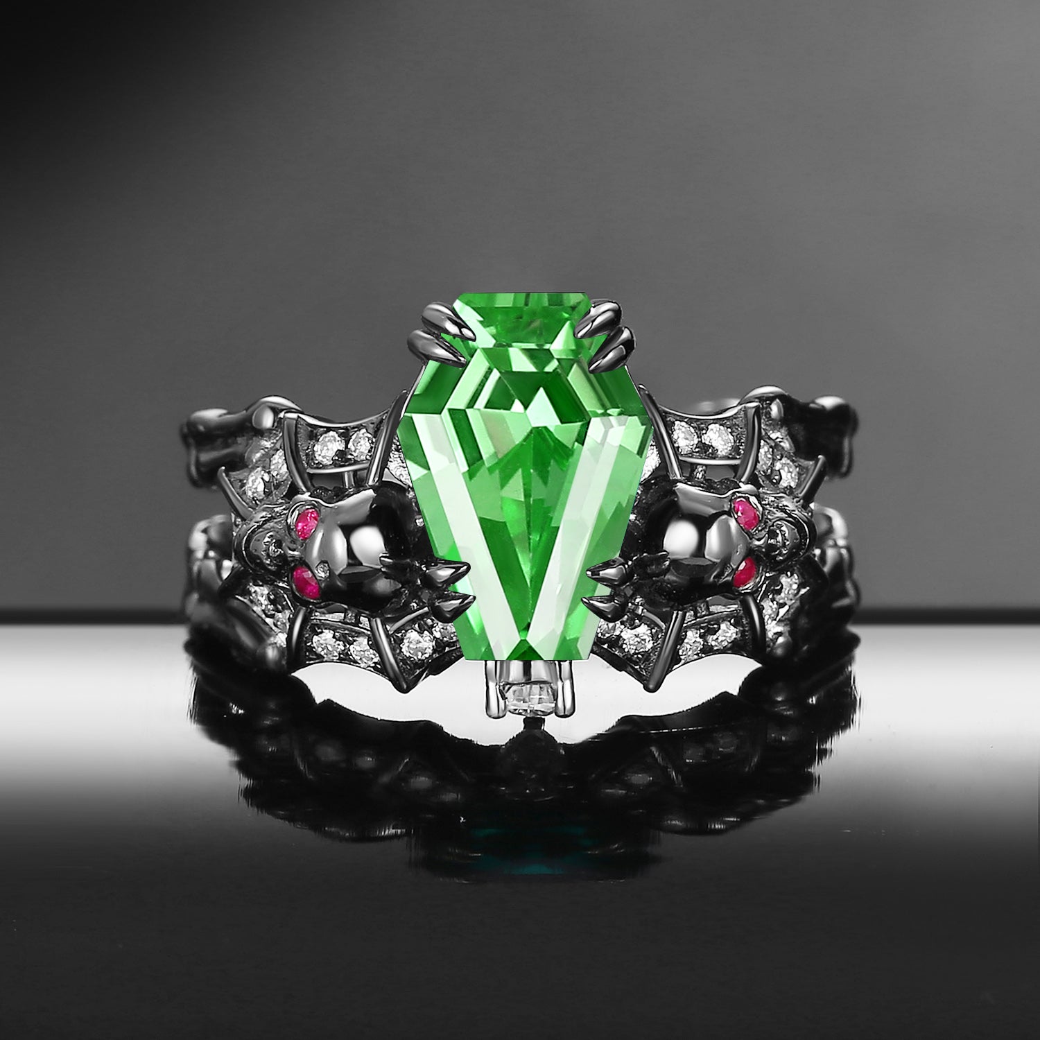 Gothic Inspired Skull & Skeleton Coffin Cut Lab Tsavorite 2-in-1 Engagement Ring