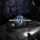 Gothic Inspired Coffin Blue Moissanite Spider Web Black Gold Engagement Ring