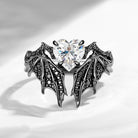 Non-Traditional Heart Moissanite Vampire Ring Black Gold Bridal Set 2pcs - Bat Ring