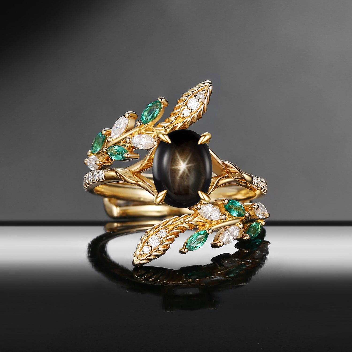 Snake Inspired Oval Natural Black Star Sapphire Nature Inspired Twist Engagement Ring Set 2pcs - Serpent's Embrace