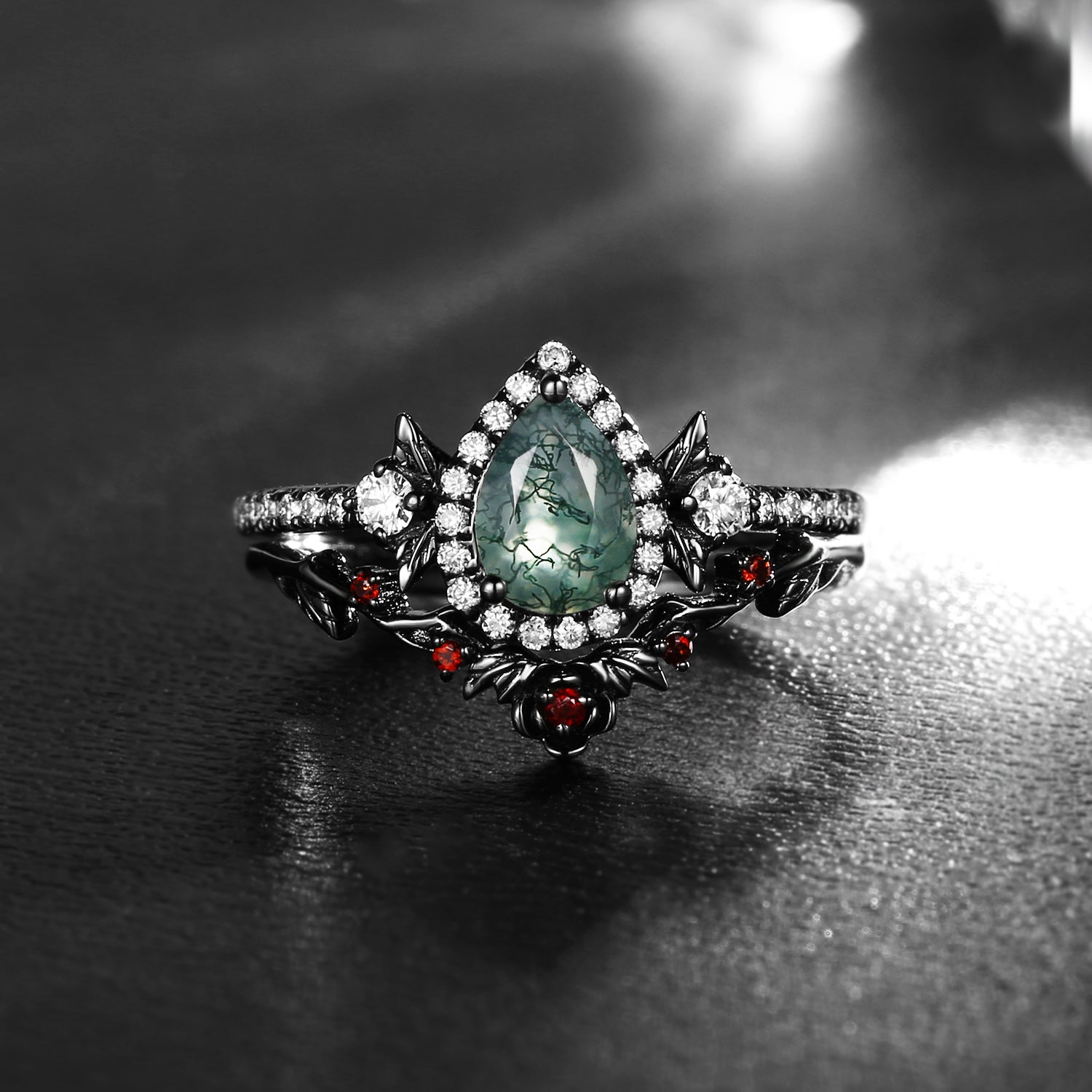Nature Inspired Pear Cut Moss Agate Halo Engagement Ring Set 2pcs