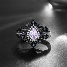 Thorns & Roses - Nature Inspired Pear Cut Lab Lavender Sapphire Halo Engagement Ring Set with Flower Inspired Band