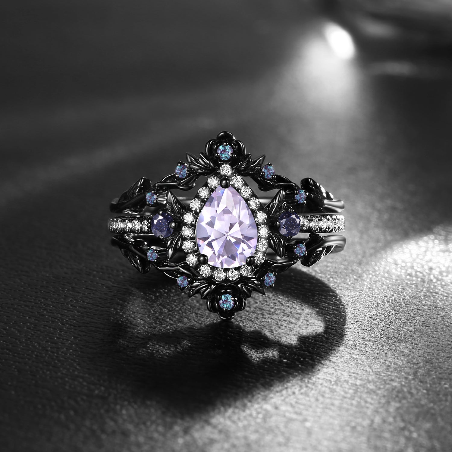 Thorns & Roses - Nature Inspired Pear Cut Lab Lavender Sapphire Halo Engagement Ring Set with Flower Inspired Band