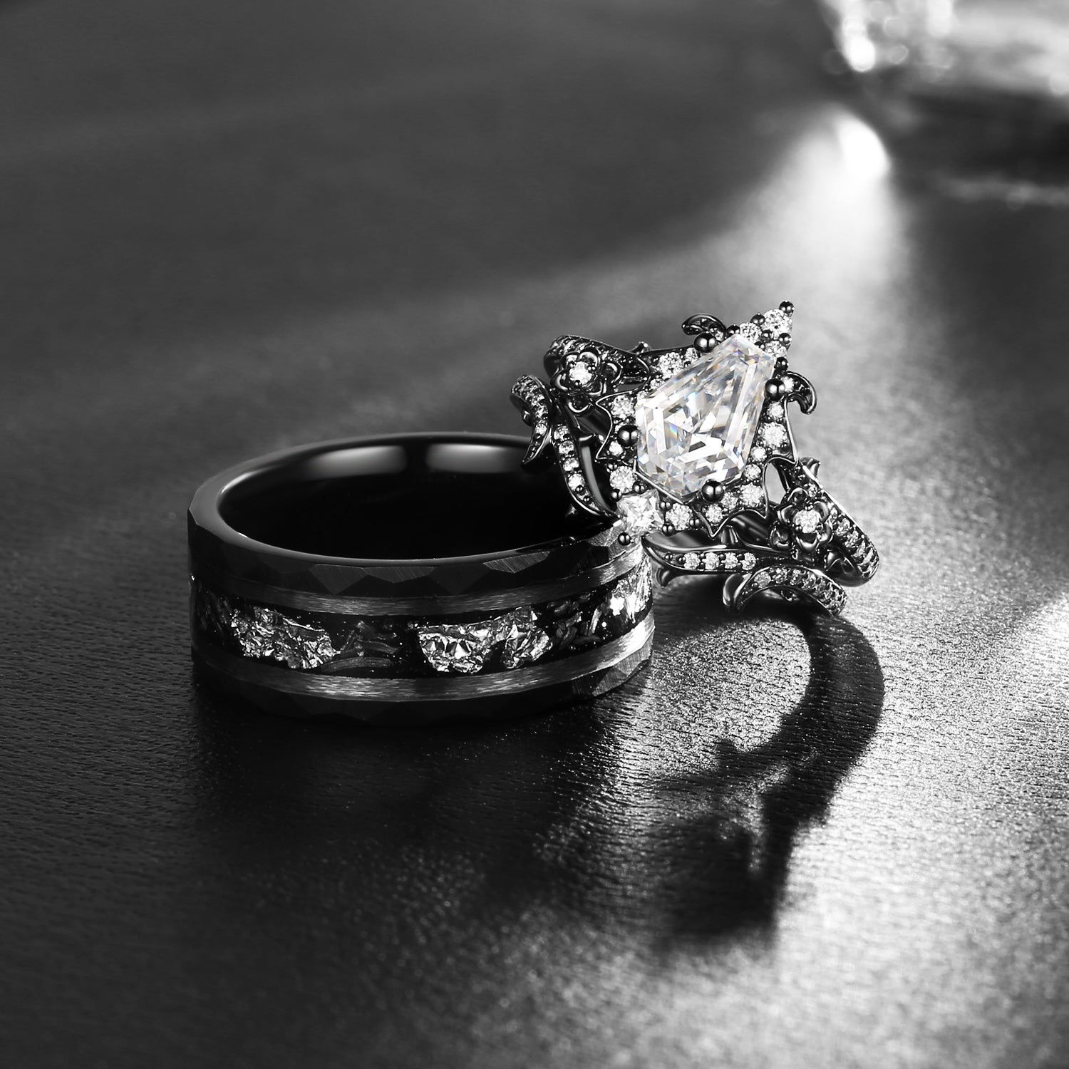 Halo Coffin Shaped Moissanite Black Gold Flower Couple Bridal Ring Set With Gold Leaf