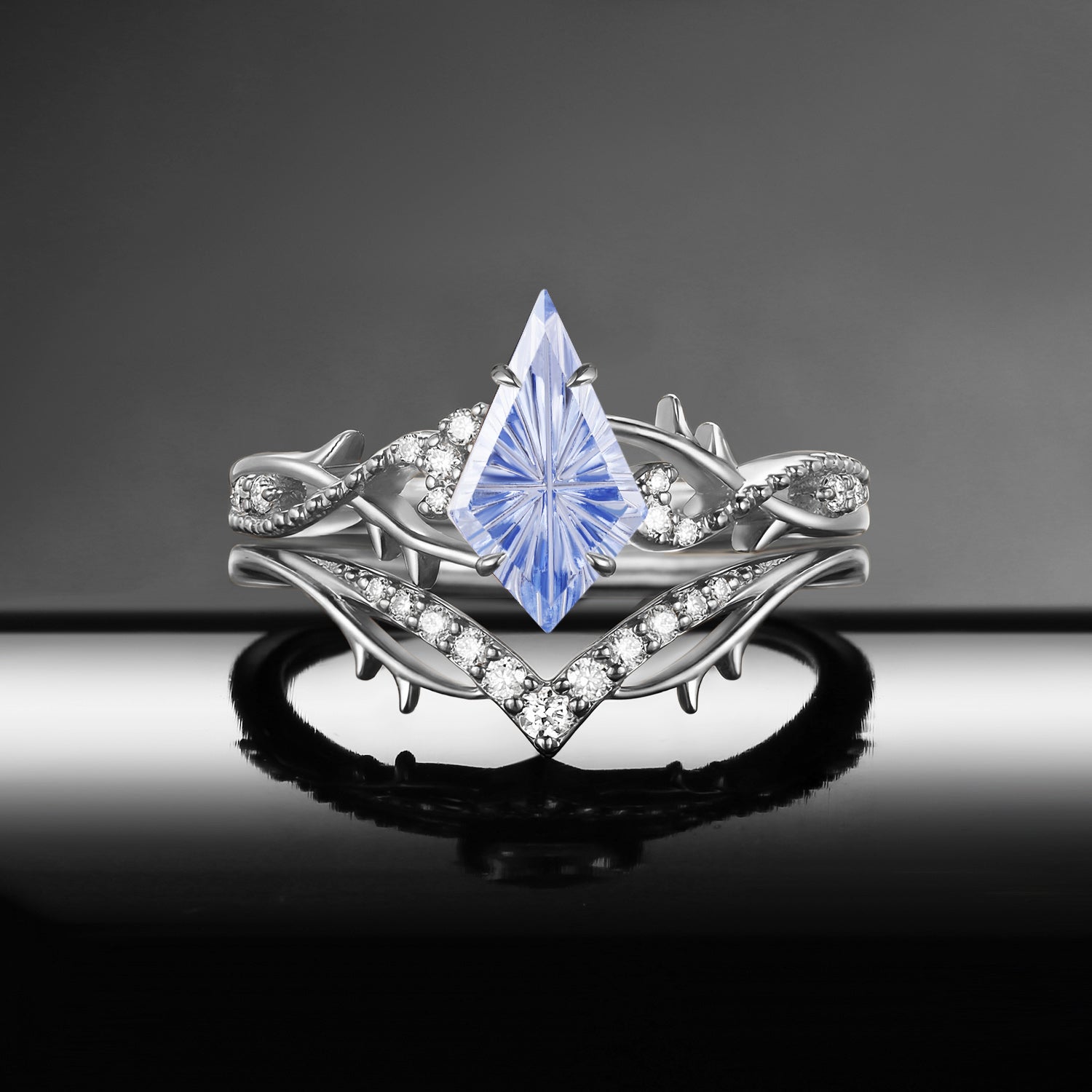 Thorns & Roses - Fantasy Carved  Gothic Nature Inspired Kite Lab Cornflower Sapphire Twisted Vine Engagement Ring Set