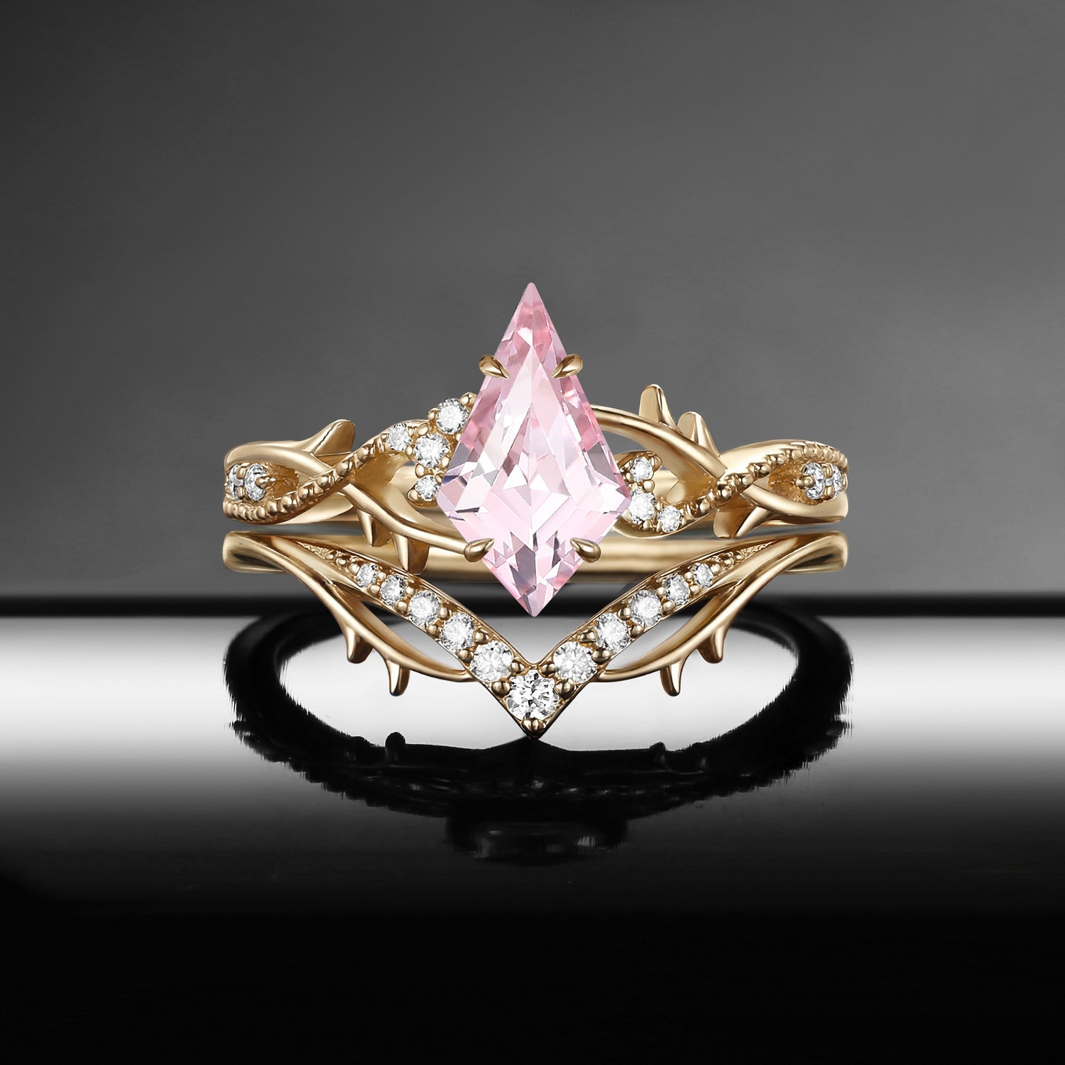 Nature Inspired Kite Lab Pink Sapphire Twisted Vines Gothic Black Gold Engagement Ring Set 2pcs - 'Thorns & Roses'