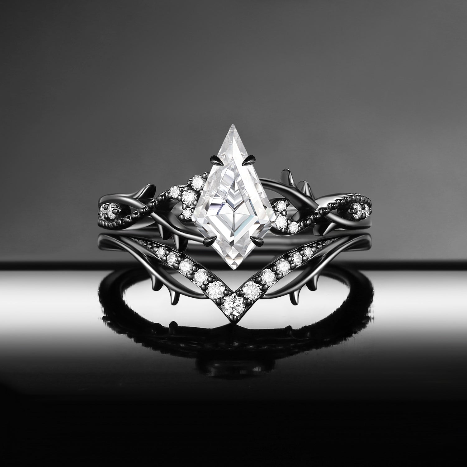 Nature Inspired Kite Moissanite Twisted Vines Gothic Black Gold Engagement Ring Set 2pcs - 'Thorns & Roses'