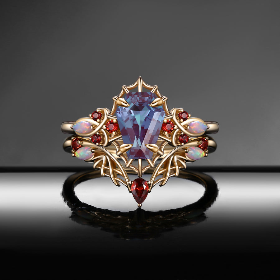 Gothic coffin shaped lab alexandrite spider engagement ring