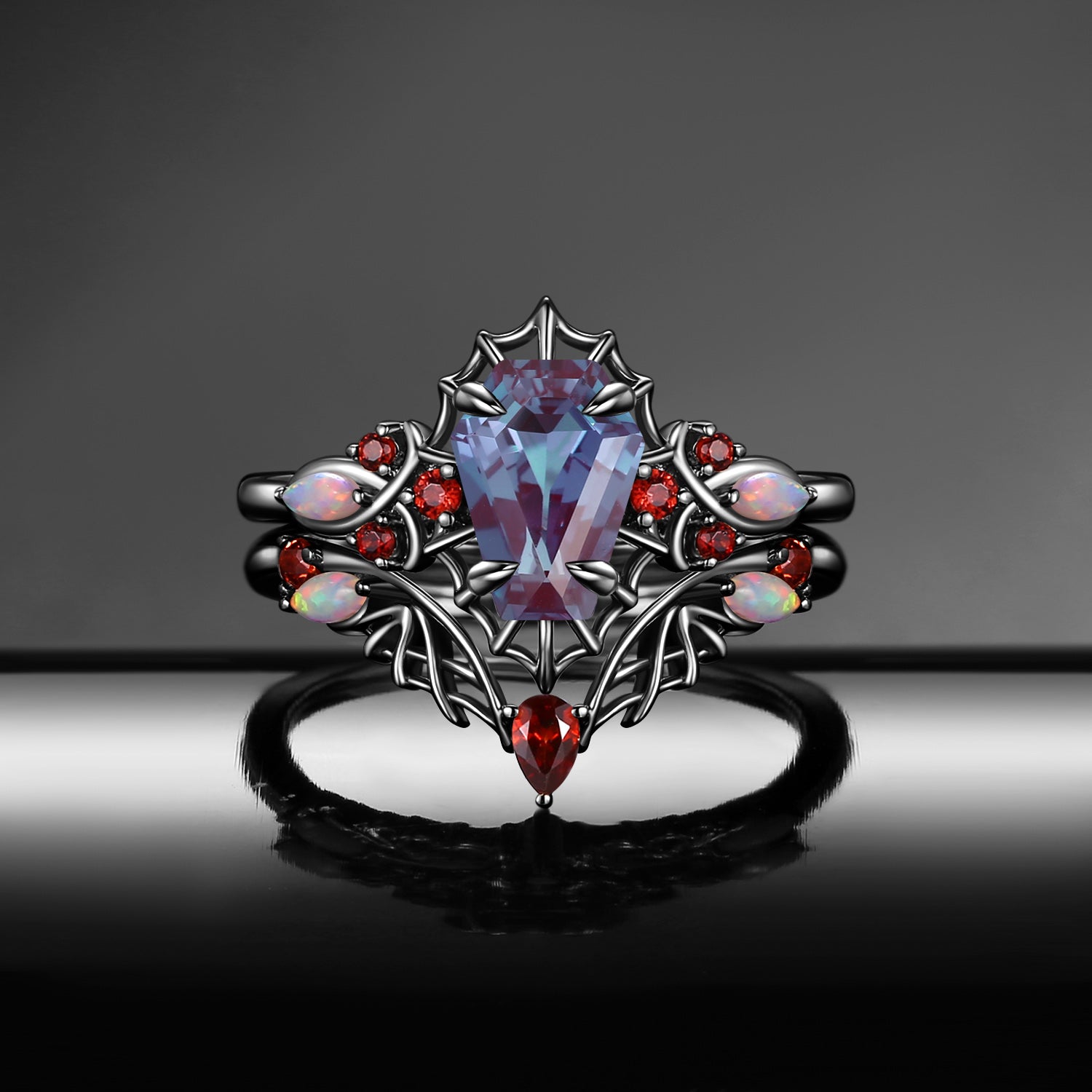 Gothic Coffin Shaped Lab Alexandrite Spider Inspired Engagement Ring Set 2pcs