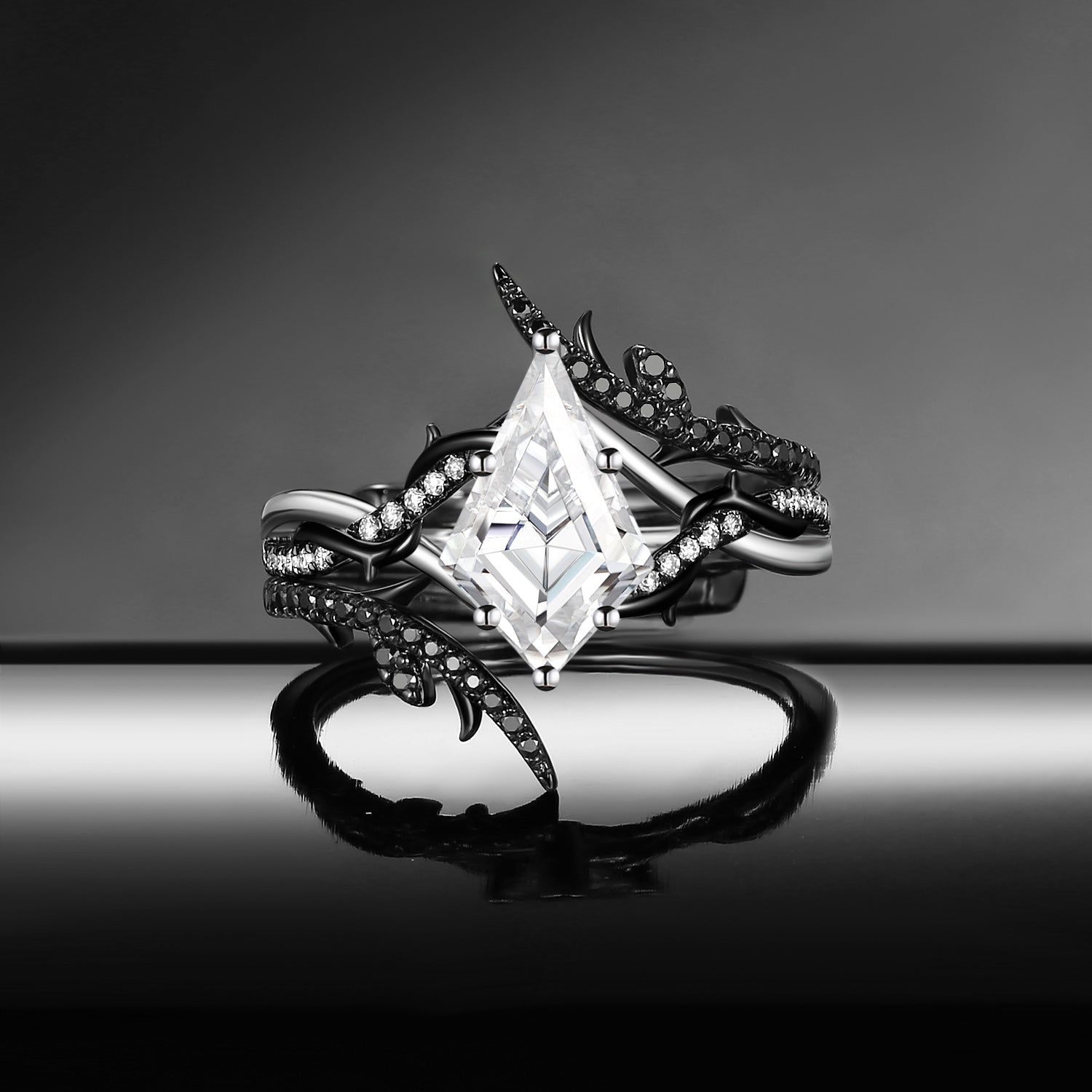 Thorns & Roses - 18K Gothic Kite Cut Moissanite Two-Tone Cage Ring Set with Thorn-Inspired Band