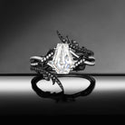 Thorns & Roses - 18K Gothic Coffin Cut Moissanite Two-Tone Cage Ring Set with Thorn-Inspired Band