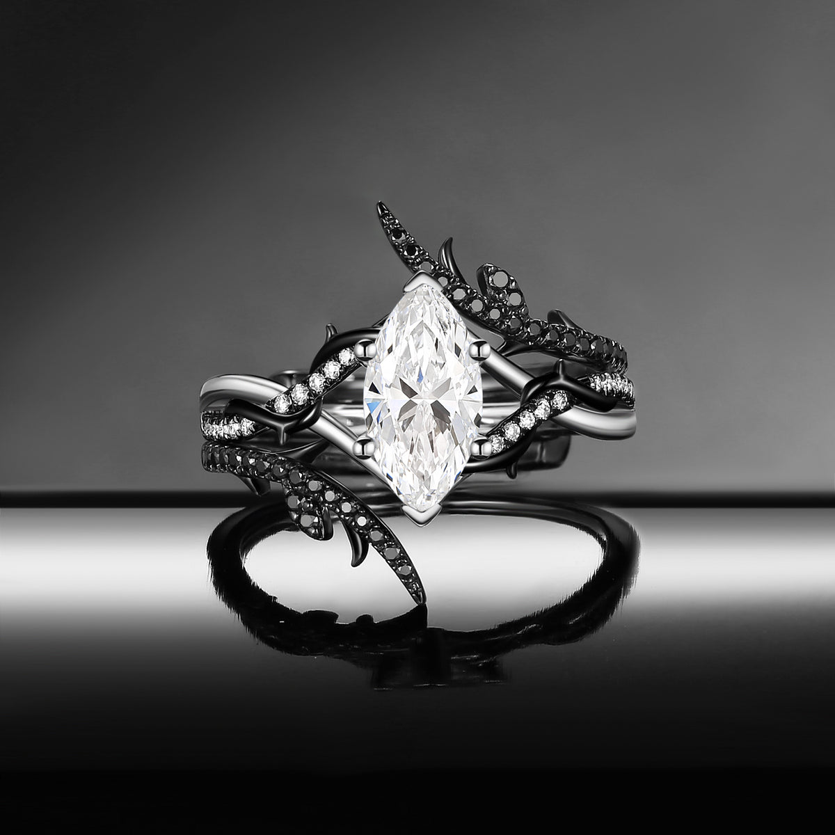 Thorns & Roses - IGI Certified Marquise Lab Diamond Two-Tone Cage Ring Set with Thorn-Inspired Band