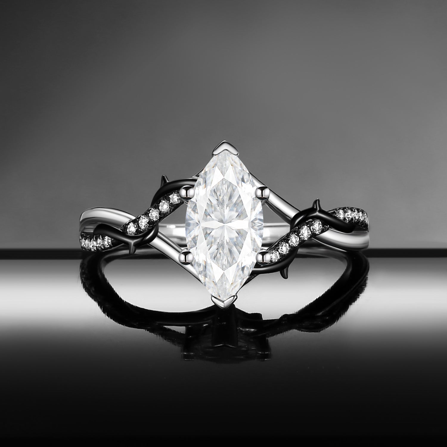 Nature Inspired Marquise Moissanite 'Thorns & Roses' Two-Tone Engagement Ring