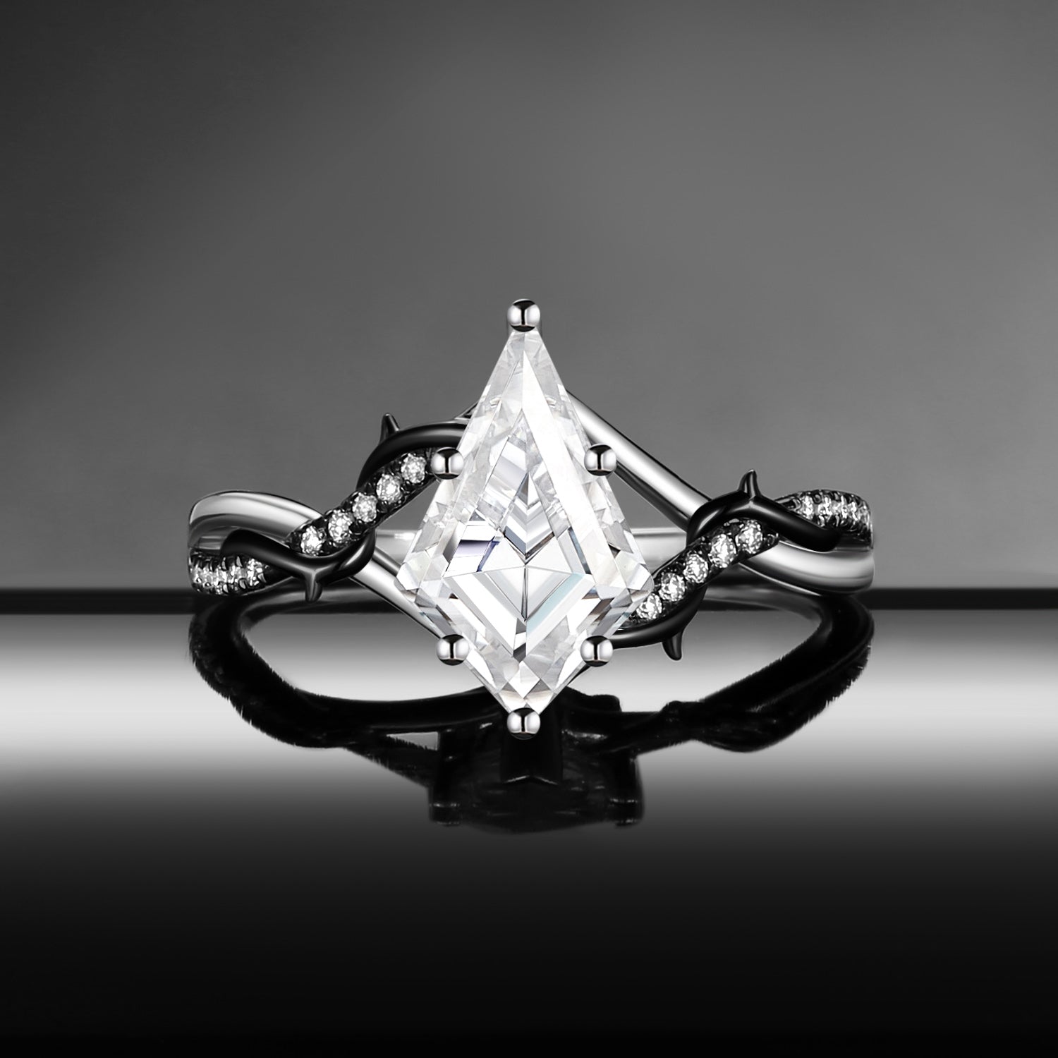 Thorns & Roses - Nature Inspired Kite Moissanite Two-Tone Engagement Ring with Twisted Vine Band