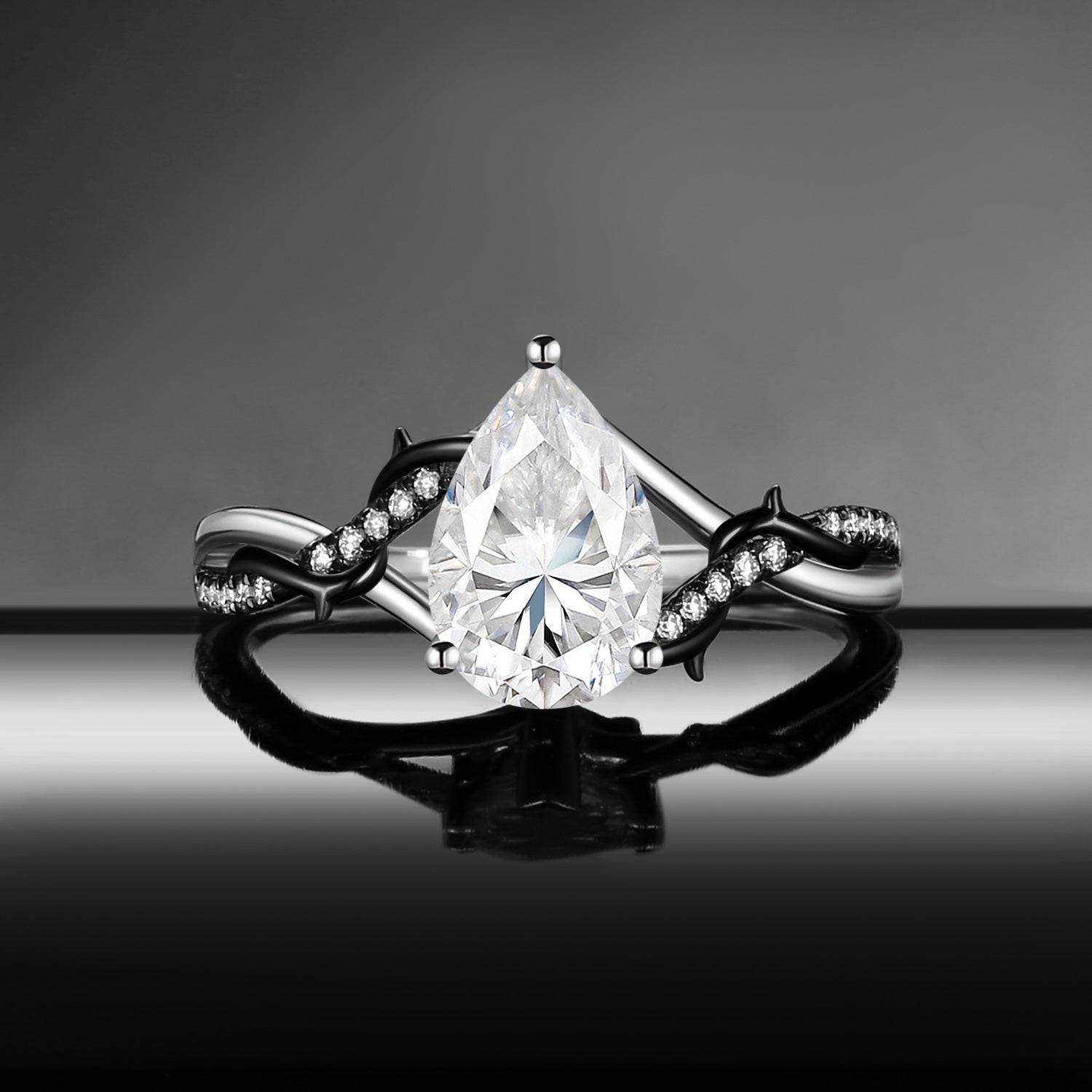 Thorns & Roses - Nature Inspired Pear Moissanite Two-Tone Engagement Ring with Twisted Vine Band