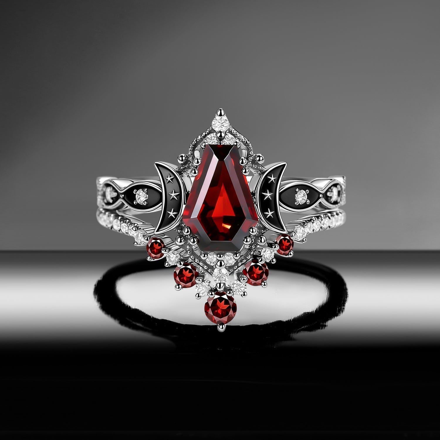 Crescent Moon | Coffin Cut Garnet Black Enamel 'Ultra Celestial' Ring Set 2pcs