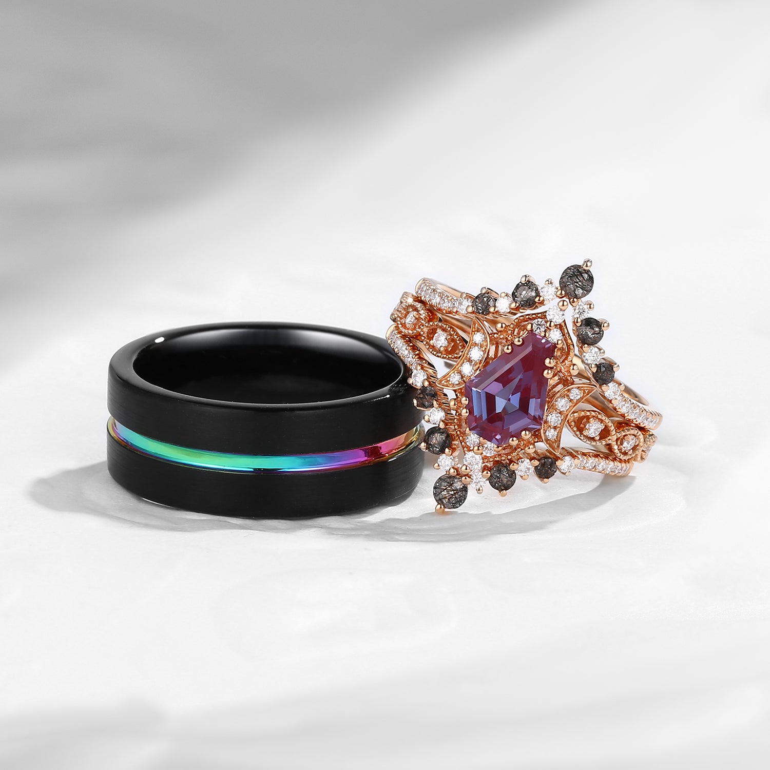 Crescent Moon | Coffin Faceted Lab Alexandrite Rainbow Electroplated Couple Bridal Ring Set