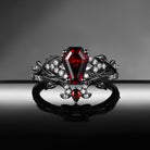 Gothic 'Thorns & Roses' Coffin Shaped Garnet Nature Inspired Engagement Ring Set 2pcs
