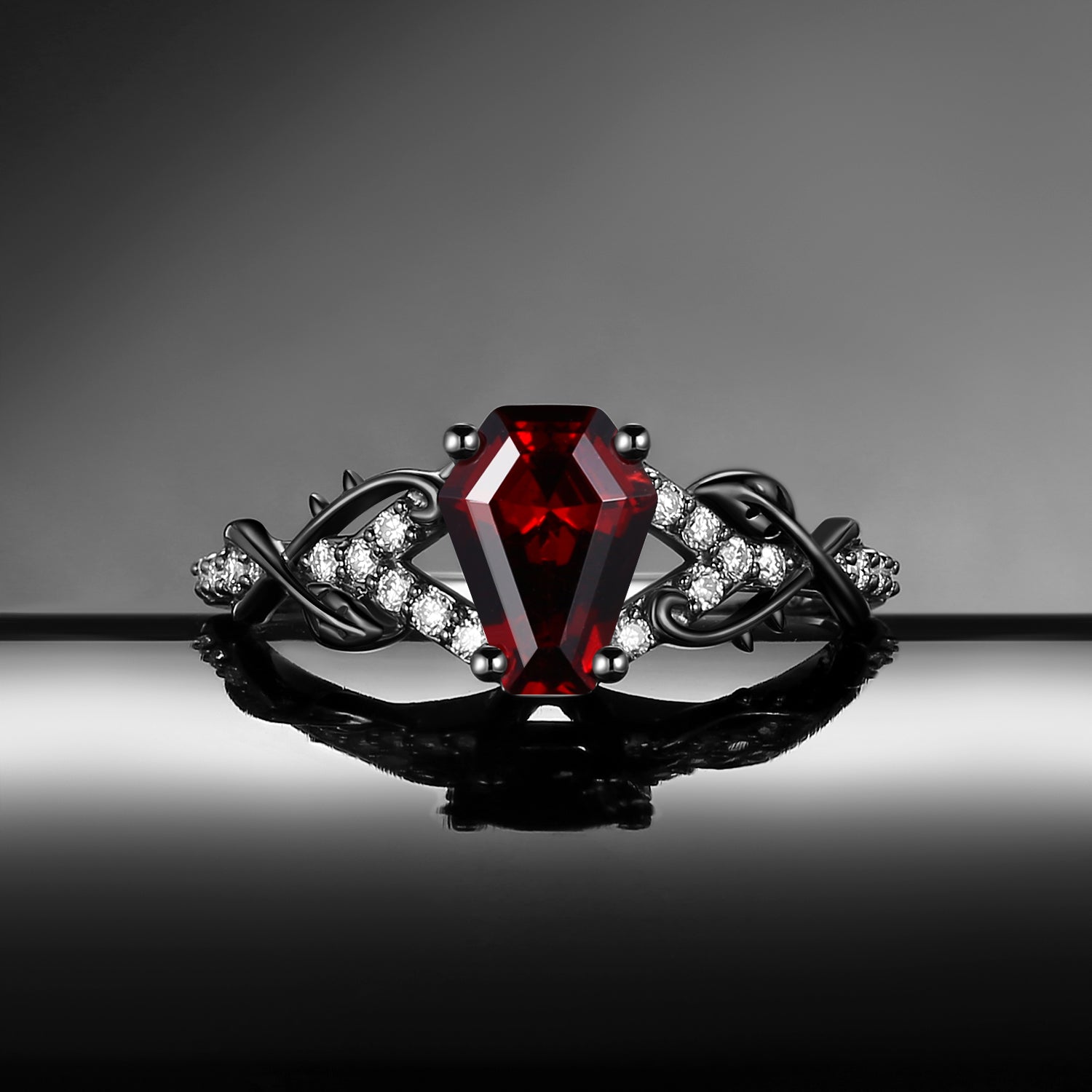 Gothic 'Thorns & Roses' Coffin Shaped Garnet Nature Inspired Split Engagement Ring