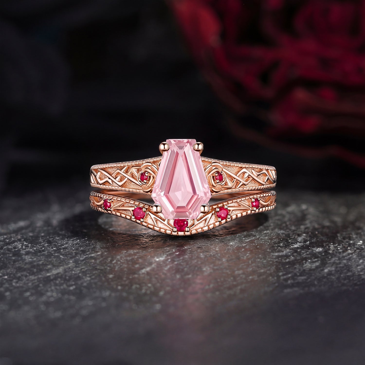 Nature Inspired Coffin Lab Pink Sapphire Vintage Filigree Engagement Ring Set 2pcs - 'Thorns & Roses'