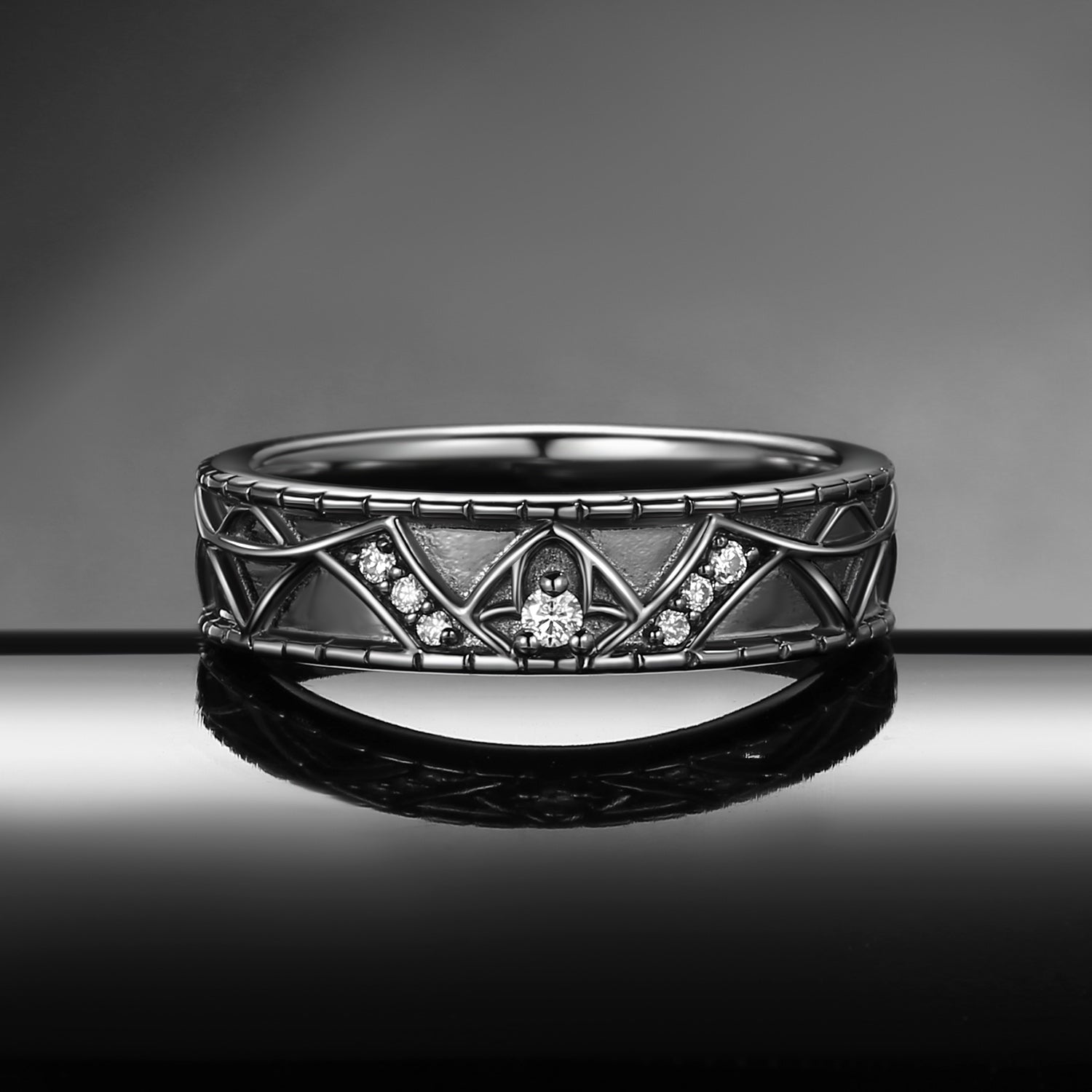 Gothic Moissanite Bat Inspired Vintage Filigree Wedding Band