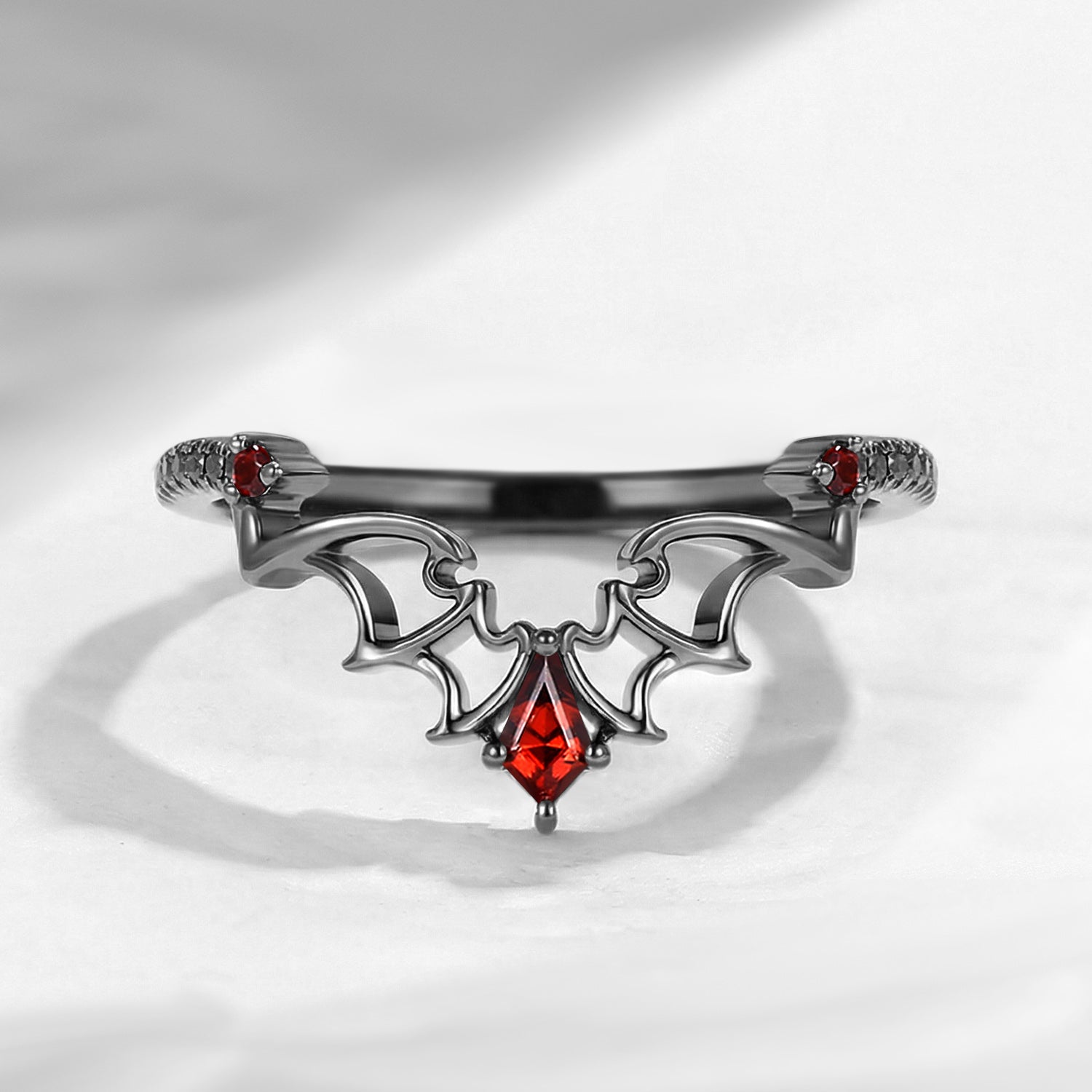 Gothic Bat Inspired Kite Cut Garnet Bat Wing Curved Wedding Ring - Dark Romance