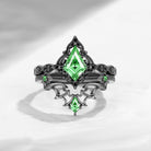Gothic Inspired 'Dark Romance' Kite Cut Lab Tsavorite Black Gold Engagement Ring Set 2pcs