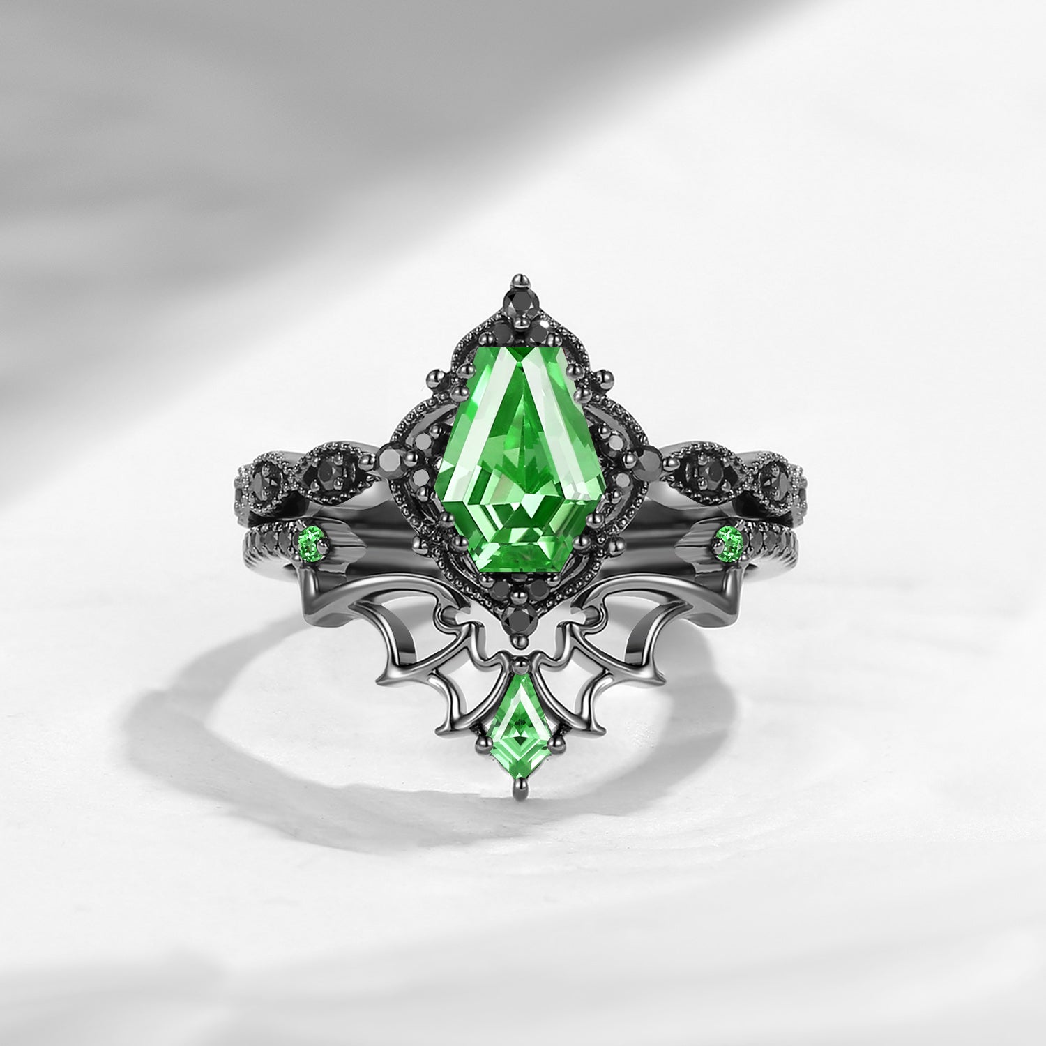 Gothic Inspired 'Dark Romance' Coffin Shaped Lab Tsavorite Black Gold Engagement Ring Set 2pcs