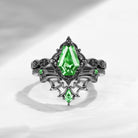 Gothic Inspired 'Dark Romance' Coffin Shaped Lab Tsavorite Black Gold Engagement Ring Set 2pcs