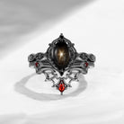 Gothic Bat Inspired Oval Natural Black Star Sapphire Black Gold Engagement Ring Set 2pcs - 'Dark Romance'