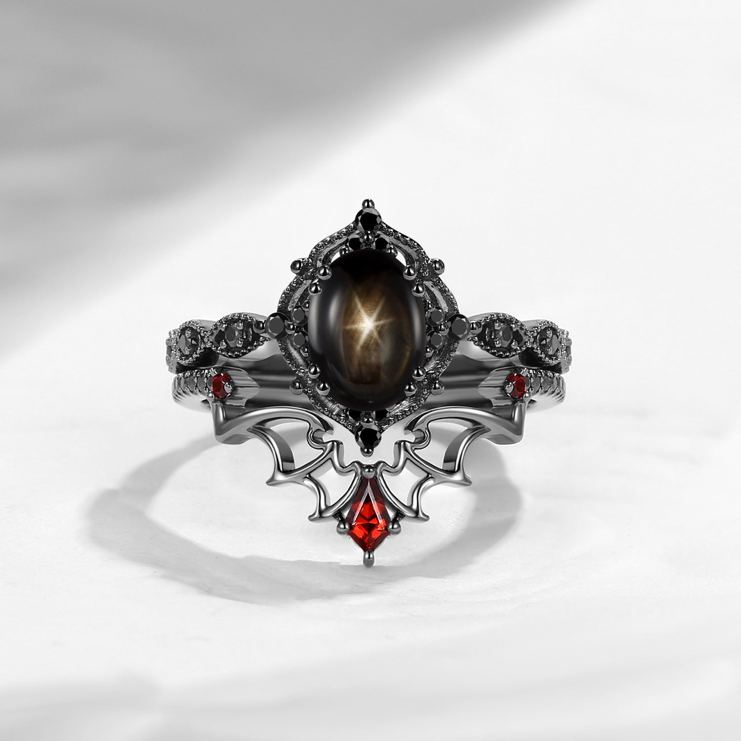 Gothic Bat Inspired Oval Natural Black Star Sapphire Black Gold Engagement Ring Set 2pcs - 'Dark Romance'